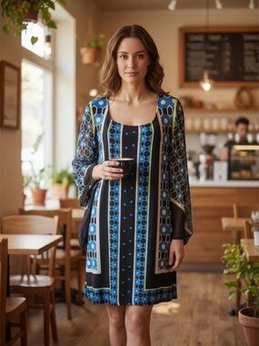 Style & Co. Blue and Black Size XL Geometric Sheer Long Sleeve Midi Dress